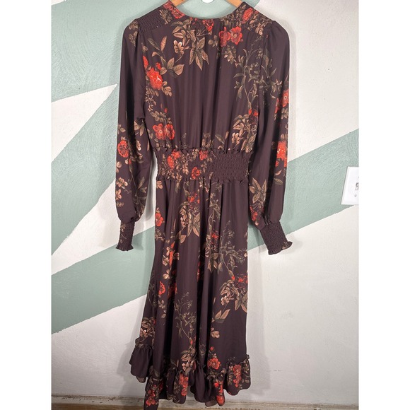 H&M Women's Size 6 Floral Smocked Brown Long Sleeve Ruffle Hem Boho Maxi Dress - Picture 12 of 13